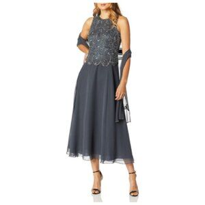 **J Kara** Petite Sleeveless Beaded Pop Over Dress with Scarf 16P NWT Grey